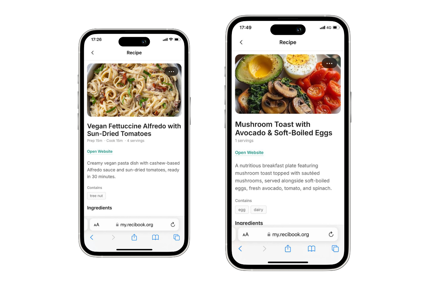 Recibook recipe detail view with ingredients, steps, and nutrition