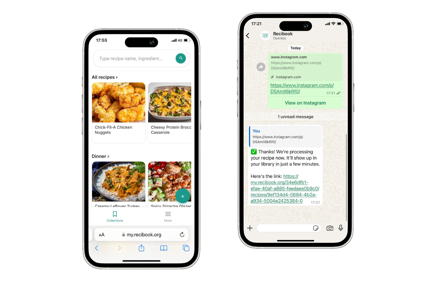 Recibook app with recipe collections and WhatsApp conversation showing share-to-Recibook flow