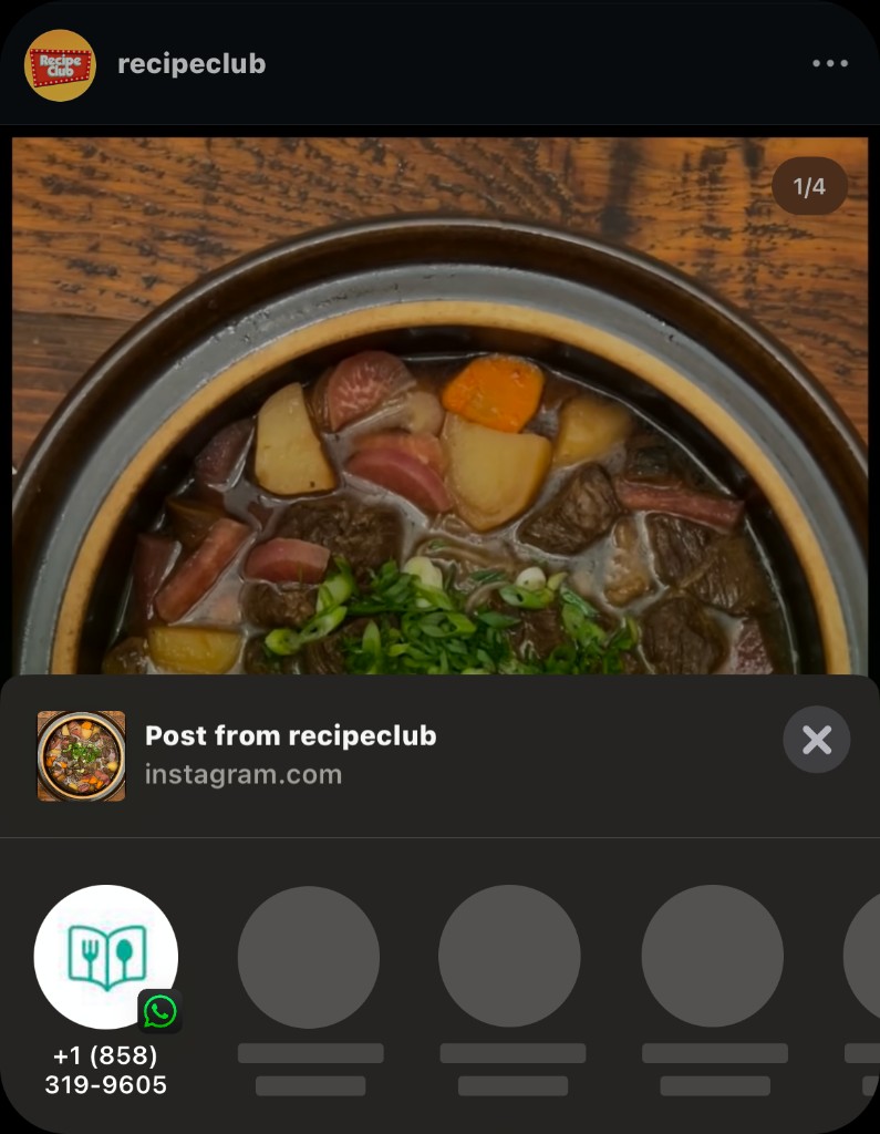Example of sharing a recipe link to Recibook on WhatsApp